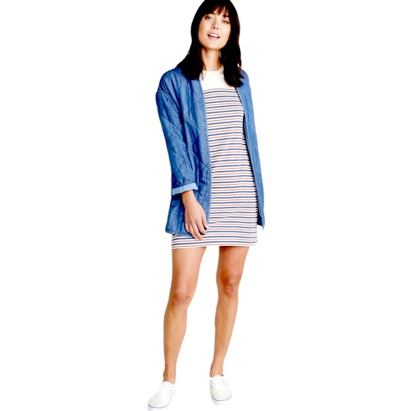 Marine Layer size small cream mini dress blue & red stripes 3/4 sleeve & pockets - Picture 4 of 16